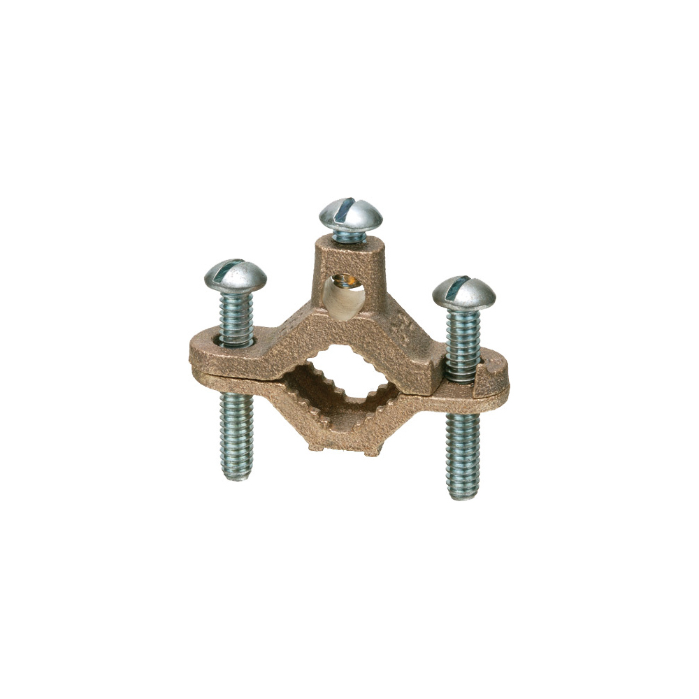 Solid Brass with galvanized steel screws, bare wire ground clamp. Pipe size - 1-1/4" to 2", Wire Range - #10 to #2