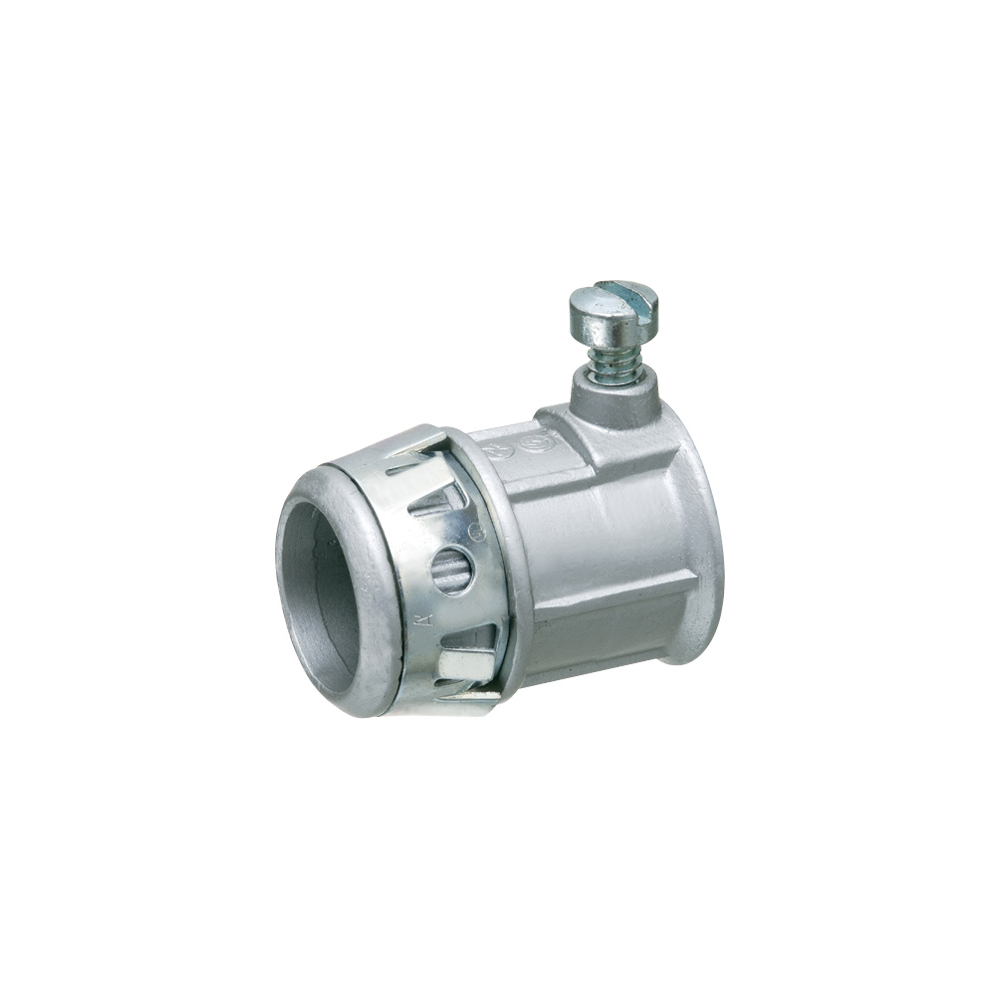 1/2" emt set screw connector zinc die cast concrete tight when taped. for use with steel or aluminum emt. Snap-tight.