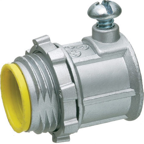 3/4" emt set screw connector zinc die cast concrete tight when taped. for use with steel or aluminum emt. Insulated throat.
