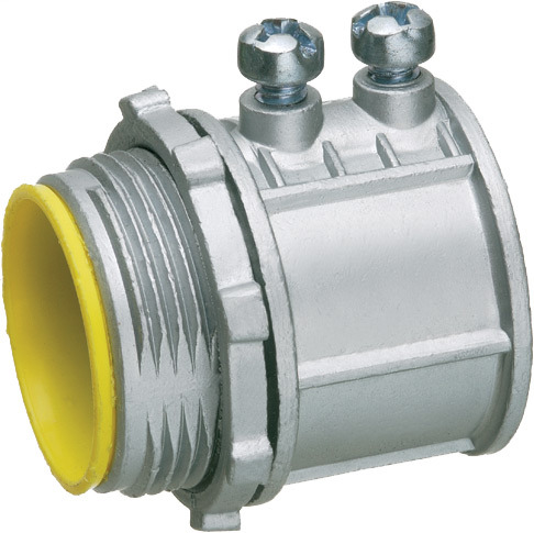 3-1/2" emt set screw connector zinc die cast concrete tight when taped. for use with steel or aluminum emt. Insulated Throat