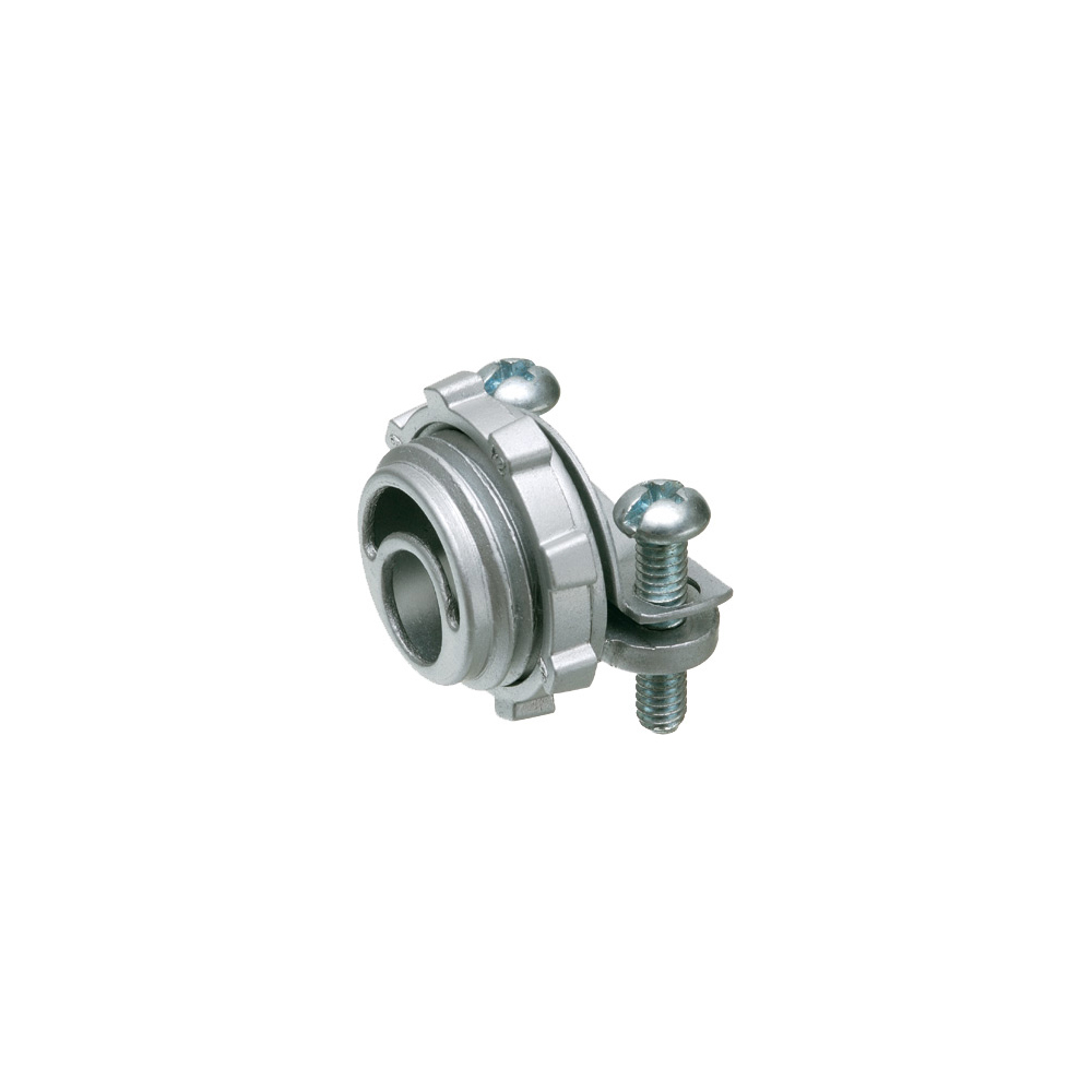 Zinc die-cast, 1/2" knockout cable connector with round end stop. End stop diameter: .375. Secures into knockout with a locknut.