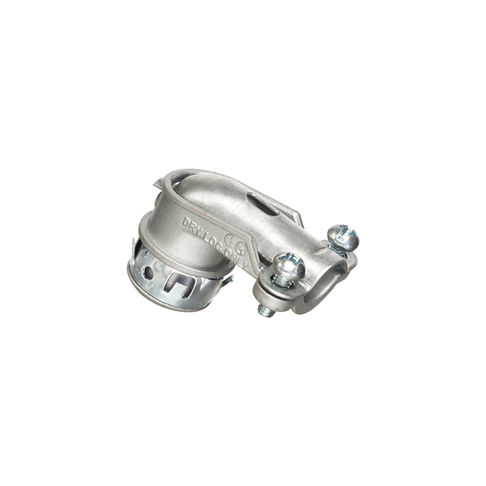 Zinc die-cast, 90 degree angle cable connector for aluminum and steel cable. Concrete tight when taped. Snaps into Knockout with spring steel clip. 2 screw clamp type.