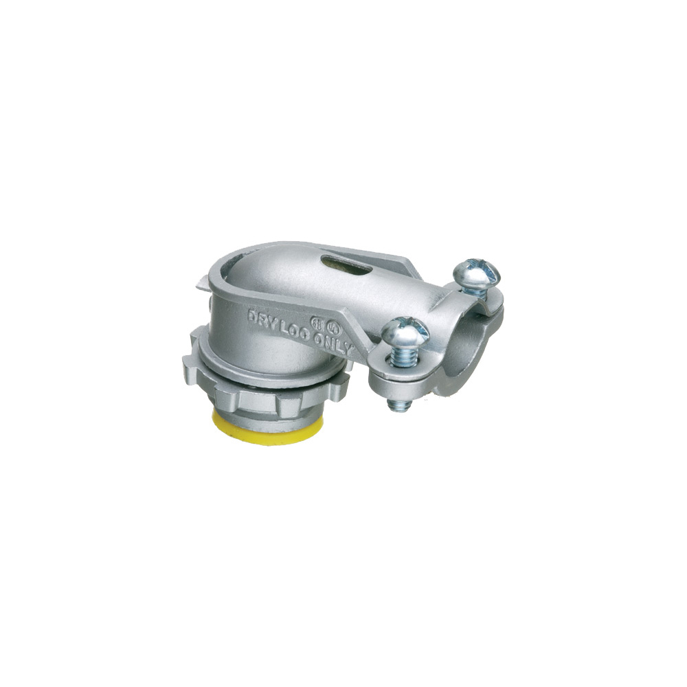 Zinc die-cast, 90 degree 2 screw flex connector for aluminum and steel Flex. Secures into a 1/2" Knockout with a diecast locknut. Accommodates cable range 1.330 to 1.085. Insulated throat.