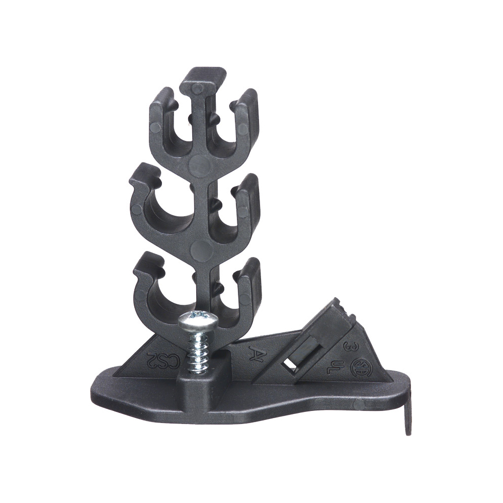 Screw in cable support keeps cables away from the nailing surface while supporting up to four 14/2 to 10/2 and two 14/3 to 10/3 NM cables, sold in package quantity of 500.