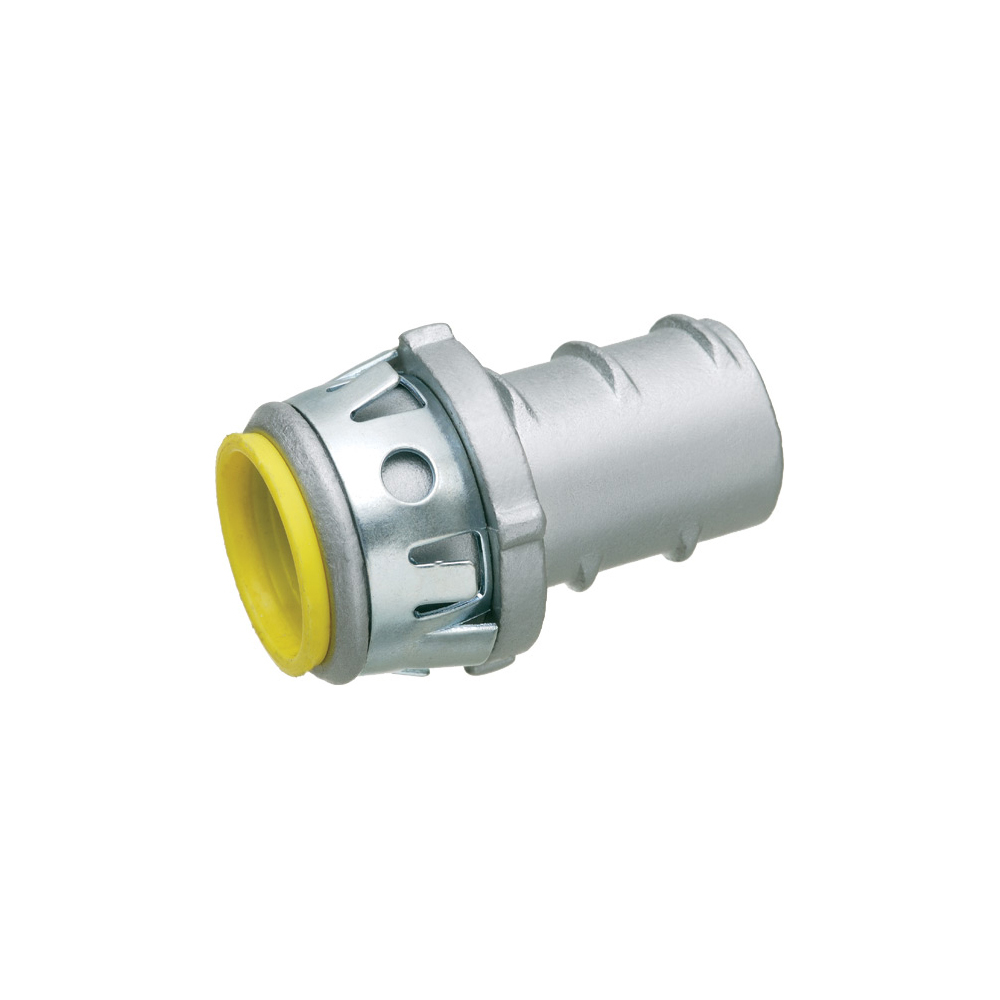 Zinc die-cast, 1/2 Knockout, Screw in connector for aluminum and steel cable. Snaps into lockout with spring steel clip. Provided with insulated throat.