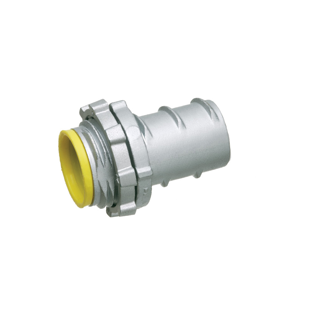 Zinc die-cast, 3/4 Knockout, Screw in connector for aluminum and steel cable. Secures to knockout with zinc die-cast locknut. Up to 1/2" flex. With Insulated throat.