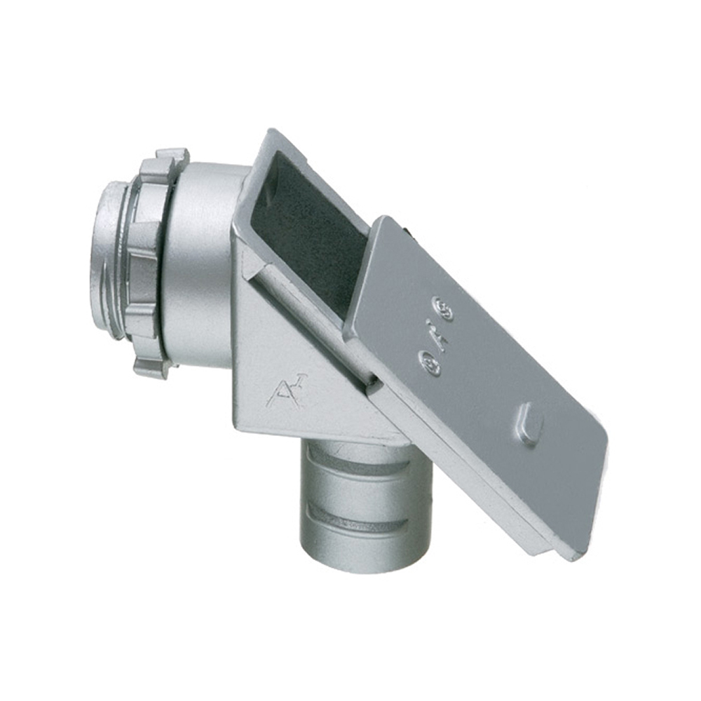 90 degree connector for flexible metal conduit, screw in type with sliding cover. trade Size 1/2", Knockout Size 1/2". Zinc die-cast.