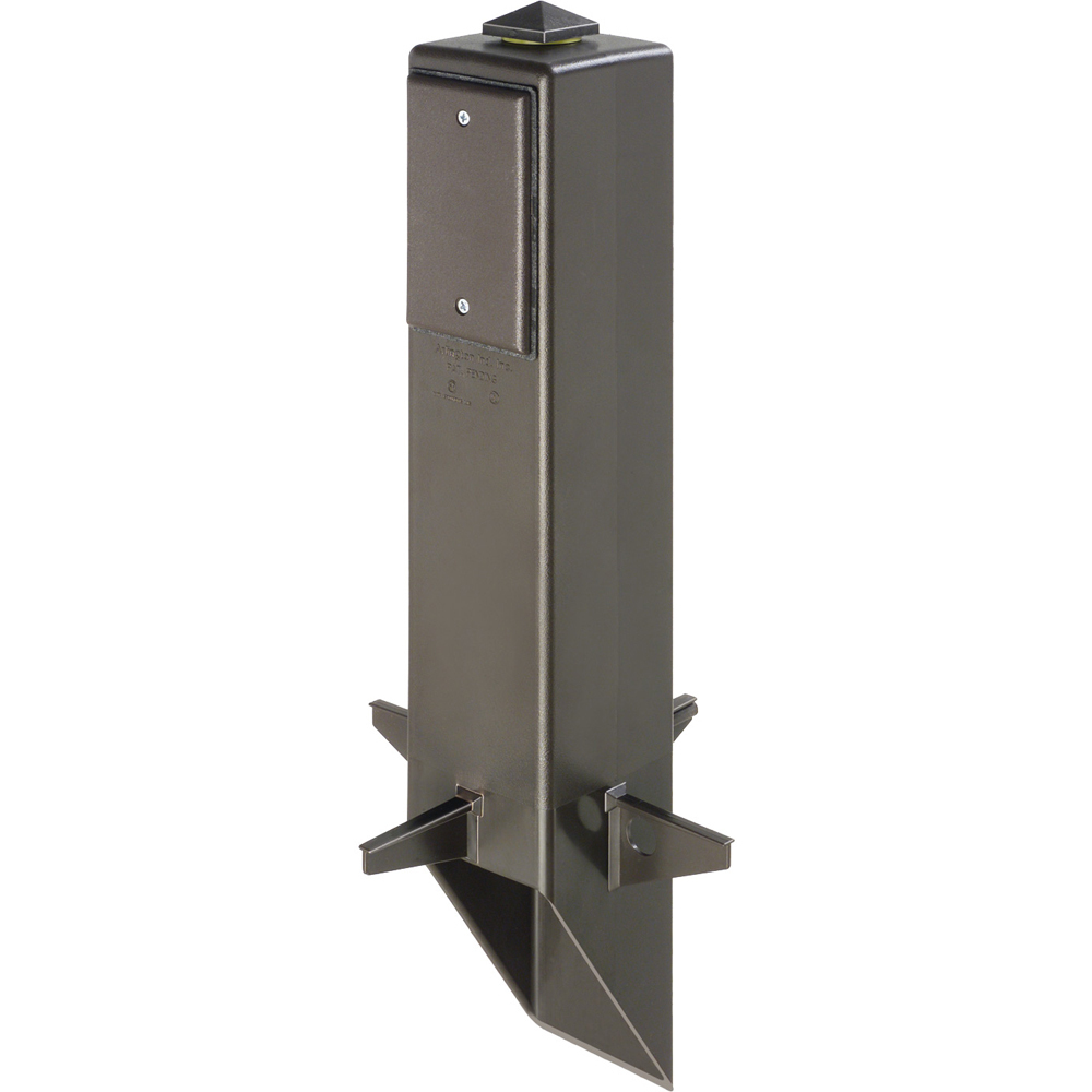 Gard-N-Post. 19.5" support for outdoor light fixtures or GFCI devices outdoors. Openings on both sides of post for back to back power or power on one side and low voltage on the other. Built in stabilizers for extra stability. Openings in stabilizers allow for insertion of extra support material. Angle Cut post for easy access to underground wiring. Two 1/2" Knockouts. Color Green. Color is permanent, no chipping.