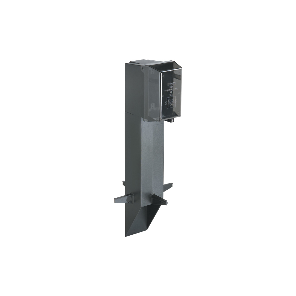 Gard-N-Post. 19.5" support for GFCI devices outdoors. Built in stabilizers for extra stability. Openings in stabilizers allow for insertion of extra support material. Angle Cut post for easy access to underground wiring. Two 1/2" Knockouts. Color Black. Color is permanent, no chipping. Clear extra duty weatherproof in use cover installed.