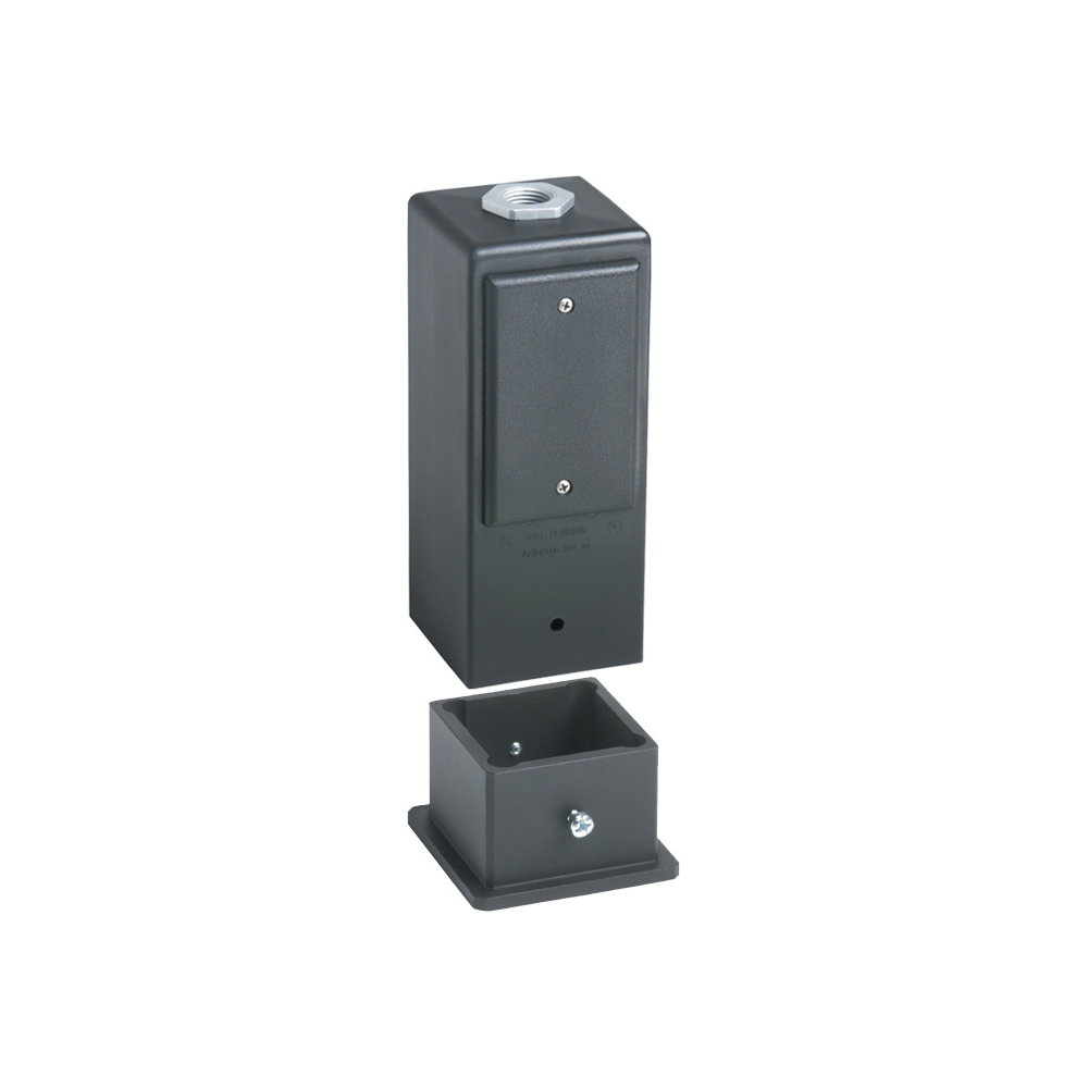 Gard-N-Post. 9" Post/ Deck Mount support for outdoor light fixtures and or a GFCI wiring device. two 1/2" knockouts. two piece design. Base mounts directly to deck or post. Post mounts to base with set screws. Metal Grounding bushing assembly included. Color Brown. Color Permanent, No chipping.