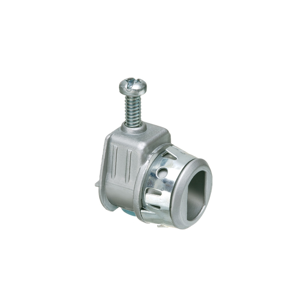 Single screw zinc die-cast saddle type connector with spring steel clip for NM, Flex, AC, ACG90, AC90 Teck90 MCI steel and aluminum jacketed cables. Cable range .630 to .890 with an end stop diameter of .620.