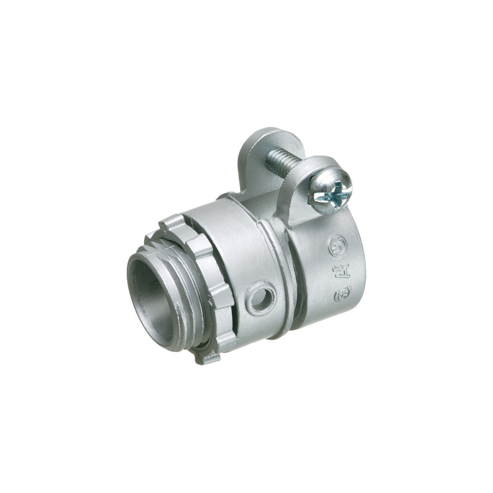 Zinc die-cast, Single screw, 1/2" knockout squeeze connector with round end stop. For Flex, AC, MCI cable. Concrete tight when taped. End stop diameter: .620.
