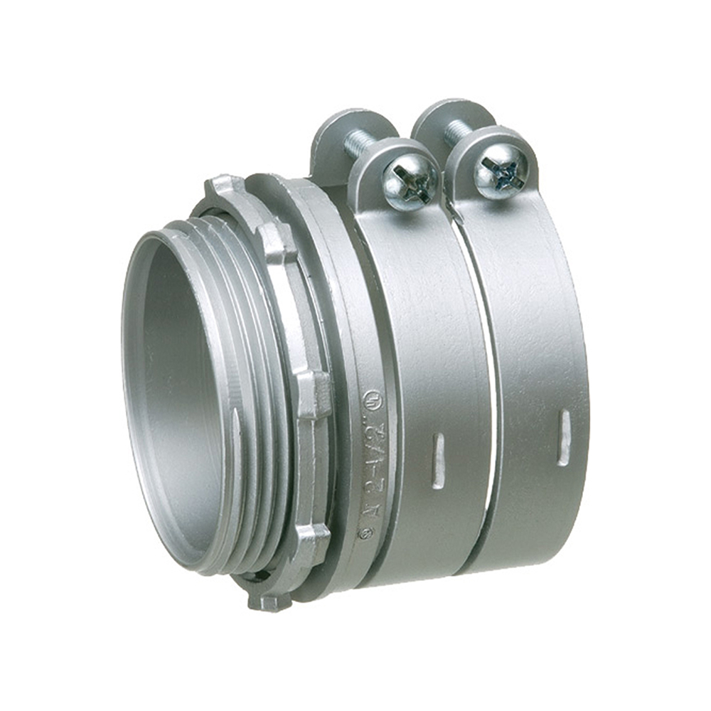 Zinc die-cast, two screw, 4" knockout squeeze connector with round end stop. For Flex, AC, MCI cable. Concrete tight when taped. End stop diameter: 3.977.