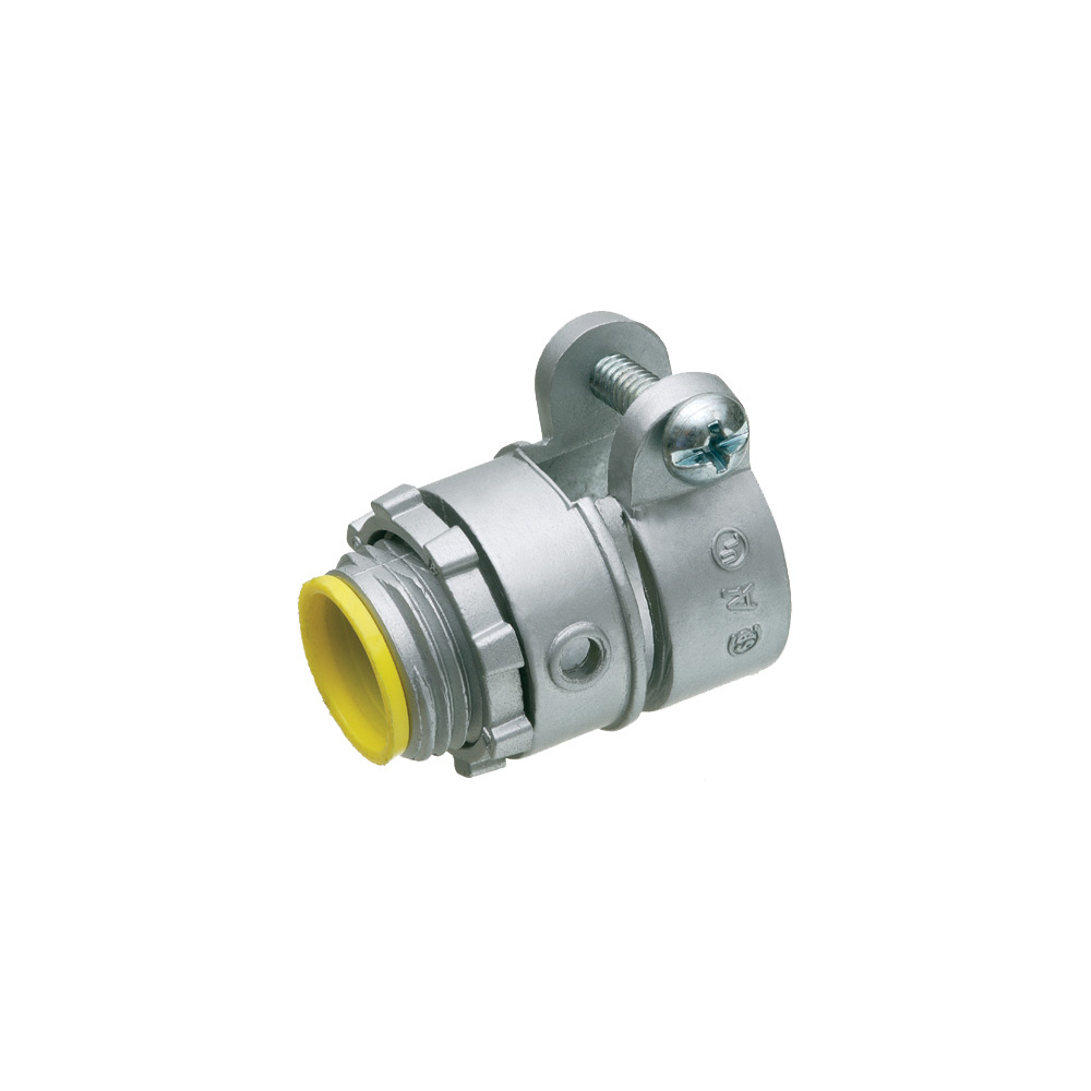 Zinc die-cast, single screw, 3/4" knockout squeeze connector with round end stop. For Flex, AC, MCI cable. Concrete tight when taped. End stop diameter: .820. With insulated throat.