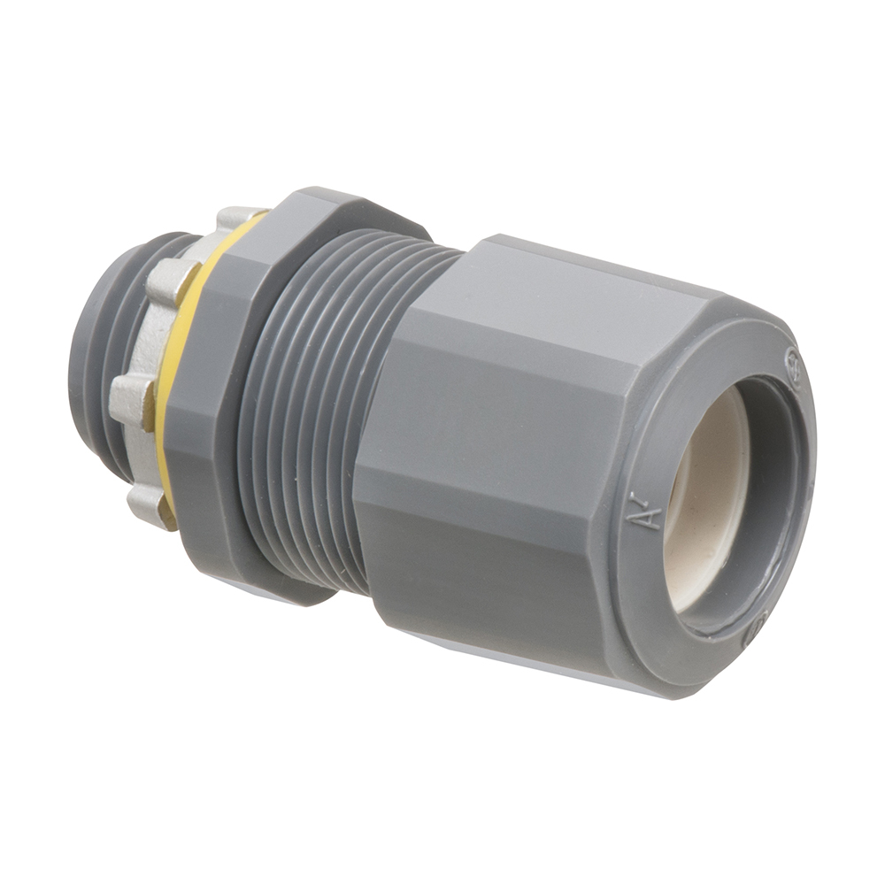 Low-profile non-metallic, liquid-tight, oil-tight, and gray strain relief cord connector furnished with a sealing ring and locknut. Supports .385 to .600 cord range with a 1/2 inch trade size.
