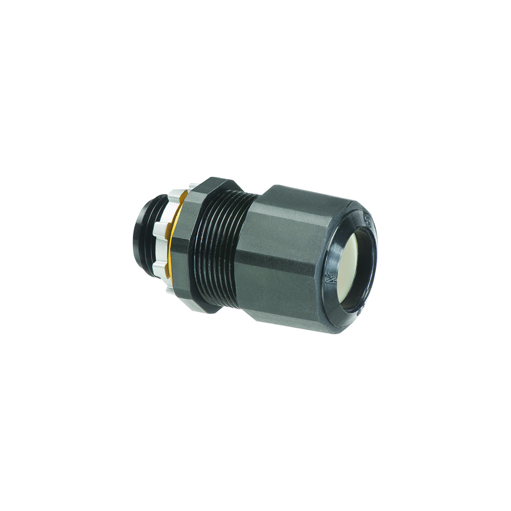 Low-profile non-metallic, liquid-tight, oil-tight, and black strain relief cord connector furnished with a sealing ring and locknut. Supports .385 to .750 cord range with a 1/2 inch trade size.