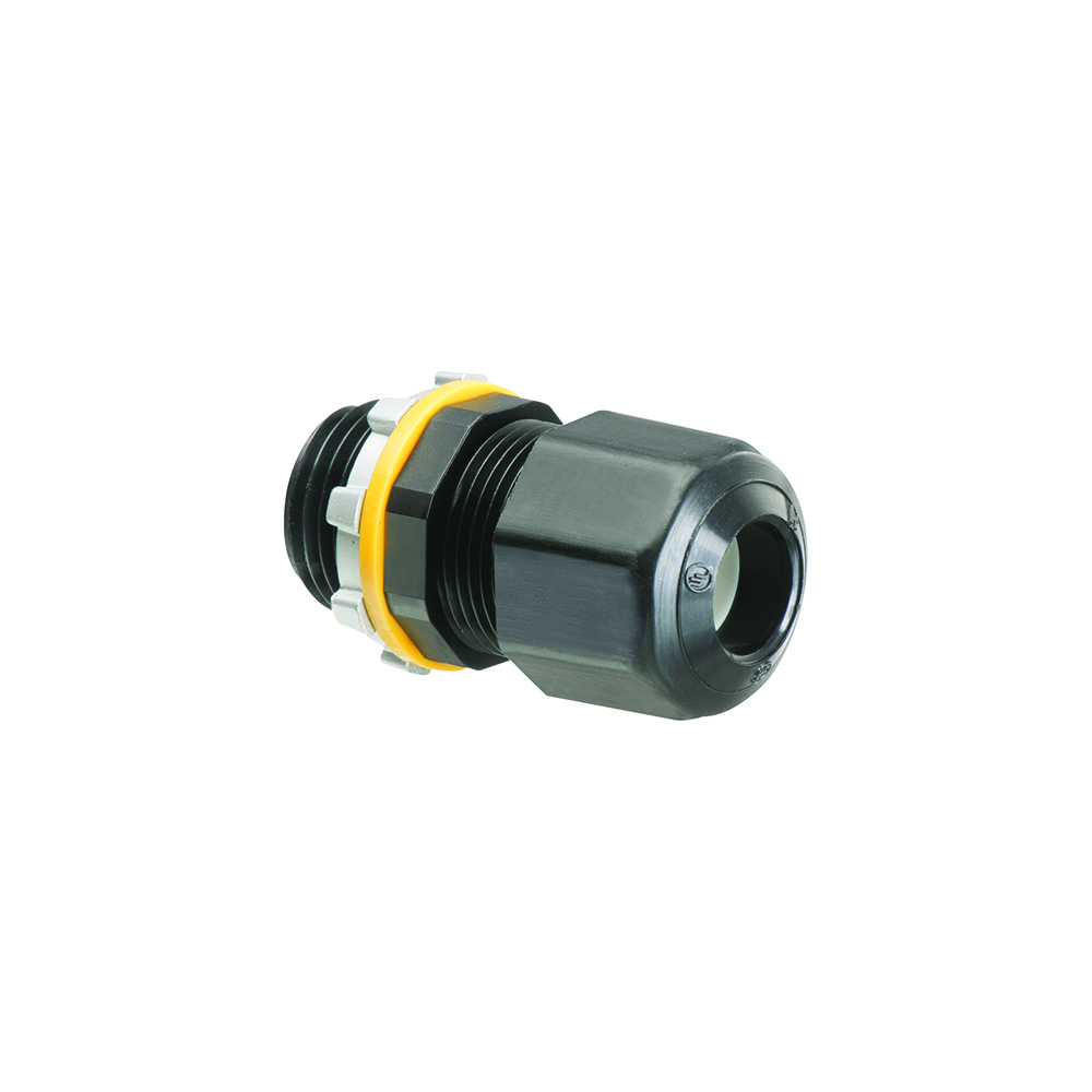 Low-profile non-metallic, liquid-tight, oil-tight, and black strain relief cord connector furnished with a sealing ring and locknut. Supports .200 to .485 cord range with a 1/2 inch trade size.