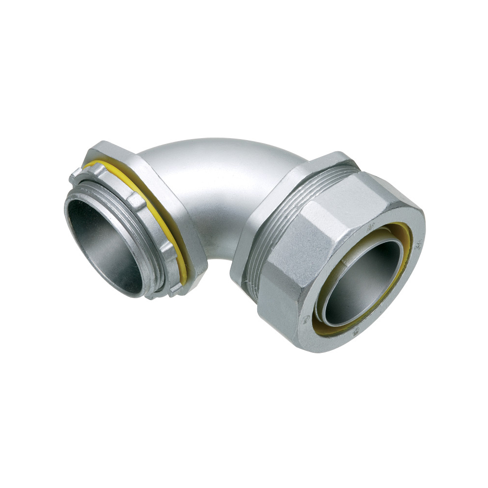 Straight, zinc die-cast connector for use with metallic or non metallic liquid tight conduit type B only. 1-1/2" Trade Size. 90 degrees.