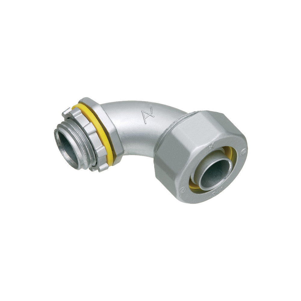 Straight, zinc die-cast connector for use with metallic or non metallic liquid tight conduit type B only. 3/4" Trade Size. 90 Degree.
