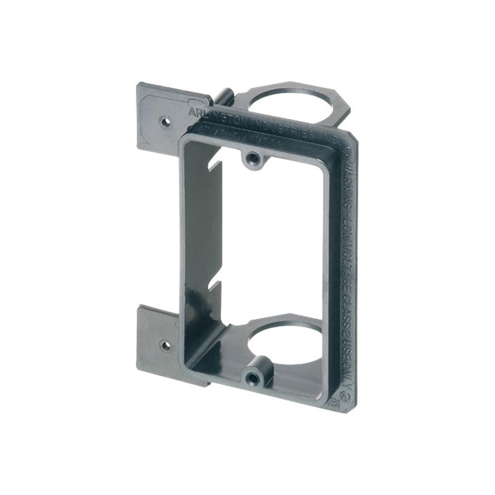 Low voltage bracket for new construction. Mounts vertical on wood or metal studs. Non Metallic. Single Gang. For class 2 low voltage wiring. Built in 3/4" Knockout.