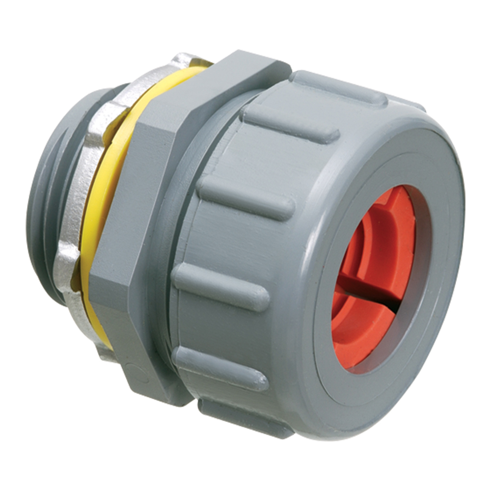 Non-metallic, liquid-tight, gray, and oil-tight colorgrip strain relief cord connector furnished with a sealing ring and locknut. Supports .750 to .875 cord range with a 1 inch trade size.