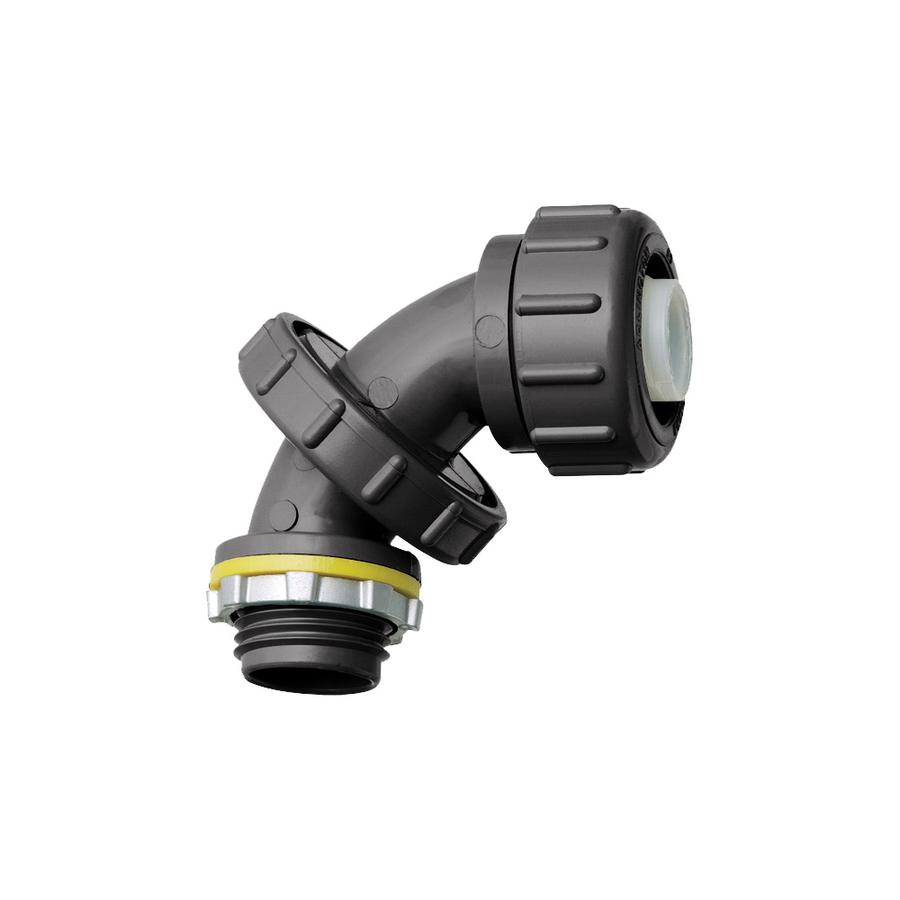 Zero to 90 degree non metallic liquid tight connector for type B only. 1/2" Trade Size. Adjusts for all angles from 0 to 90 degrees by simply loosening the center nut, twist to the correct angle and then retightening the nut. Color Black.