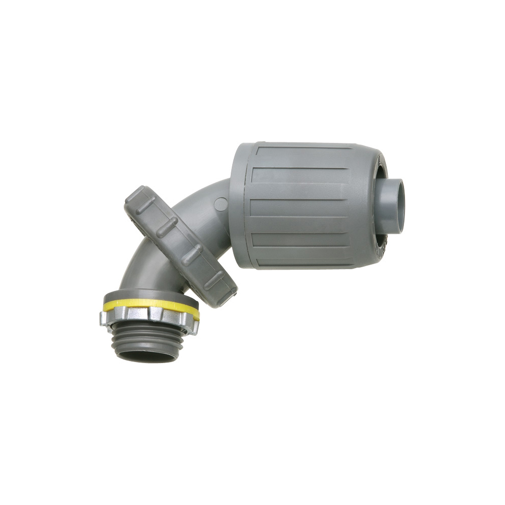Zero to 90 degree SNAP2IT non metallic liquid tight connector for type B only. 3/4" Trade Size. Adjusts for all angles from 0 to 90 degrees by simply loosening the center nut, twist to the correct angle and then retightening the nut. Push on Installation.
