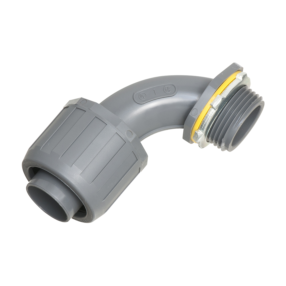 90 degree Non Metallic snap2it connector for use with non metallic liquid tight conduit type B only. Push on installation. 1" Trade Size.