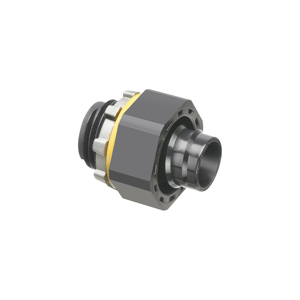 Non Metallic screw on straight liquid tight connector for liquid tight conduit type B only. Trade Size 1/2". Color Black.