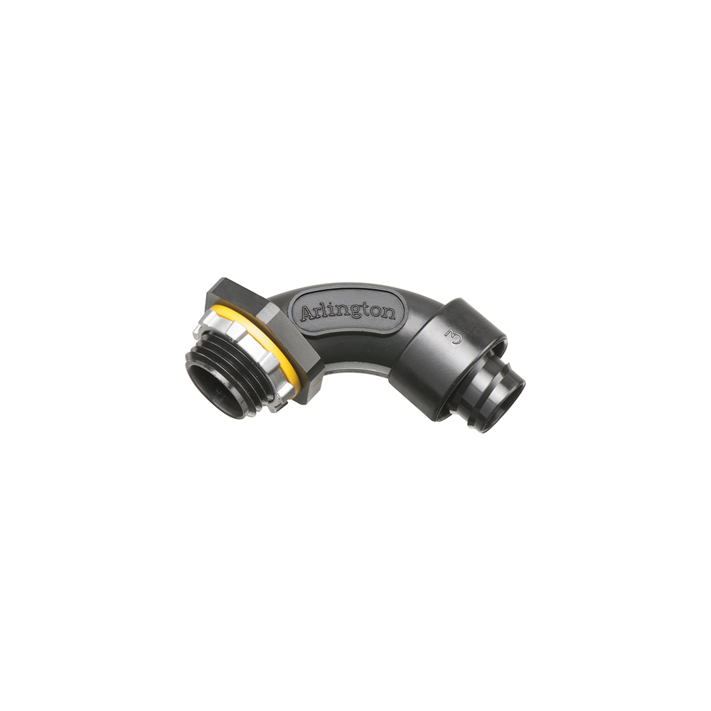Non Metallic 90 degree screw on straight liquid tight connector for liquid tight conduit type B only. Trade Size 1/2". Color Black.