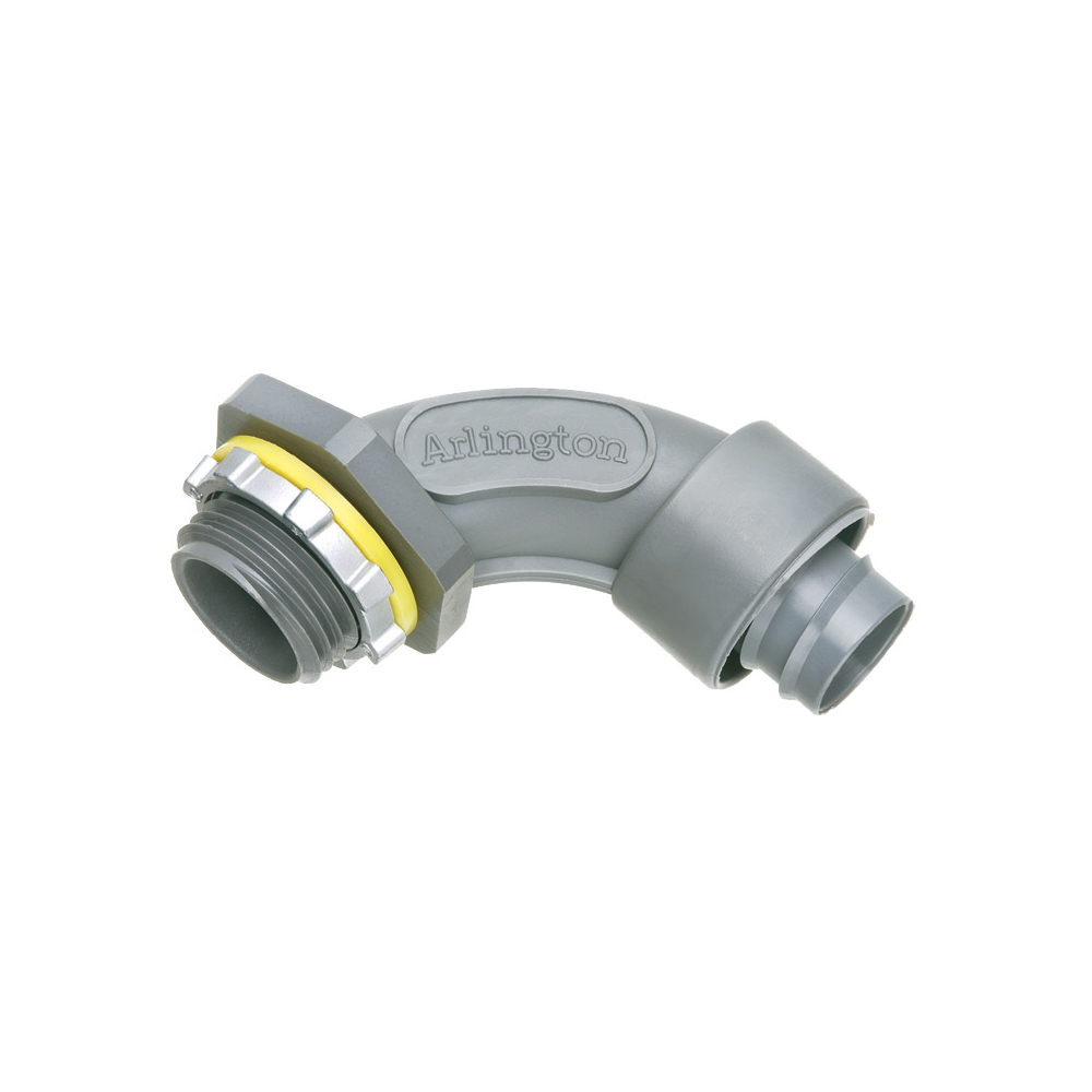 Non Metallic 90 degree screw on straight liquid tight connector for liquid tight conduit type B only. Trade Size 3/4".