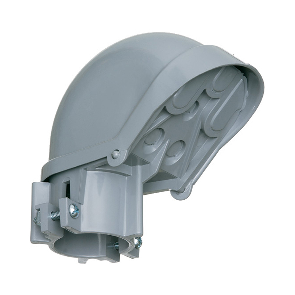 PVC Entrance cap for rigid, IMC, EMT, Rigid PVC. Trade Size 2". Mast Size 2-1/2". Wire Holes two at .750 and one at .562.
