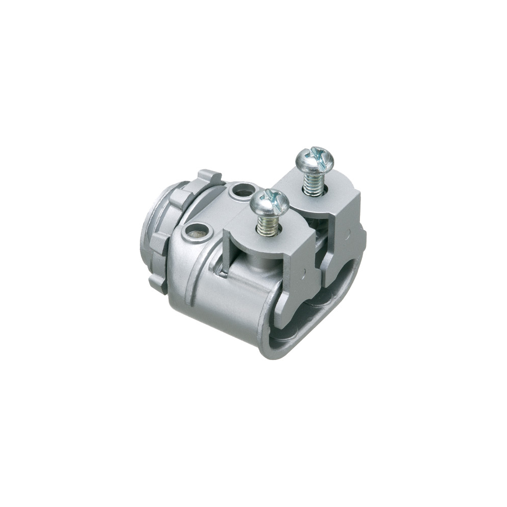 Zinc die-cast, 1/2" knockout saddle-type connector with spring set screw for securing aluminum and steel cable. Snaps into knockout with external spring steel clip. Concrete tight when taped.