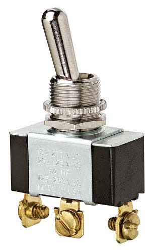 IDEAL, Toggle Switch, Standard, On-Off-On, Voltage Rating: 125, 227 VAC, Number Of Poles: 1, Amperage Rating: 20, 10 AMP, Action: SPDT, Connection: Screw, 3 Terminals, Actuator: Toggle, Contact Rating: Factory Tested 100000 Cycles To 21 AMP 14.8 VDC DC Rating, Size: 1.130 IN Length X 0.570 IN Width X 0.610 IN Height, Mounting: 1/2 IN Hole Diameter, Operating Cycles: 100000 Cycles Mechanical Life, Operating Temperature: 32 To 185 DEG F, Dielectric Strength: 1500 V, Finish: Solid Brass/Nickel-Plated Bushings, Hp Rating: 3/4 HP At 125 To 250 VAC