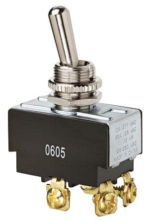 IDEAL, Toggle Switch, Heavy-Duty, On-OFF, Voltage Rating: 125, 227 VAC, Number Of Poles: 2, Amperage Rating: 20, 10 AMP, Action: DPST, Connection: Screw, 4 Terminals, Actuator: Toggle, Contact Rating: Factory Tested 100000 Cycles To 21 AMP 14.8 VDC DC Rating, Size: 1.300 IN Length X 0.760 IN Width X 0.800 IN Height, Mounting: 1/2 IN Hole Diameter, Operating Cycles: 100000 Cycles Mechanical Life, Operating Temperature: 32 To 185 DEG F, Dielectric Strength: 1500 V, Finish: Solid Brass/Nickel-Plated Bushings, Hp Rating: 1-1/2 HP At 125 To 250 VAC