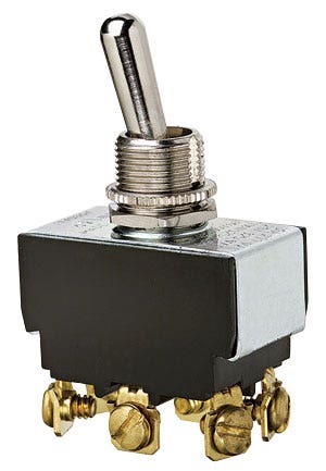 IDEAL, Toggle Switch, Heavy-Duty, On-Off-On, Voltage Rating: 125, 227 VAC, Number Of Poles: 2, Amperage Rating: 20, 10 AMP, Action: DPDT, Connection: Screw, 6 Terminals, Actuator: Toggle, Contact Rating: Factory Tested 100000 Cycles To 21 AMP 14.8 VDC DC Rating, Size: 1.300 IN Length X 0.760 IN Width X 0.800 IN Height, Mounting: 1/2 IN Hole Diameter, Operating Cycles: 100000 Cycles Mechanical Life, Operating Temperature: 32 To 185 DEG F, Dielectric Strength: 1500 V, Finish: Solid Brass/Nickel-Plated Bushings, Hp Rating: 1-1/2 HP At 125 To 250 VAC