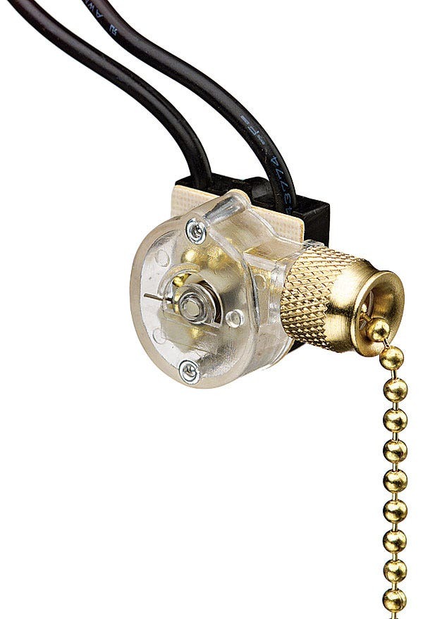 IDEAL, Switch, Pull, On-Off, Voltage Rating: 125 VAC, 250 Vac, 125 VL, Amperage Rating: 6, 3, 3 AMP, Number Of Poles: 1, Actuator: Pull Chain, Connection: Wire Leads, 2 Pos -2 Wire Circuit, Size: 0.920 L x 0.880 W x 0.670 H IN, Mounting: 13/32 IN Diameter Mounting Hole, Color: Brass, Wire Size: 18 AWG Wire Lead, 6 IN Stripped Wire, Action: SPST