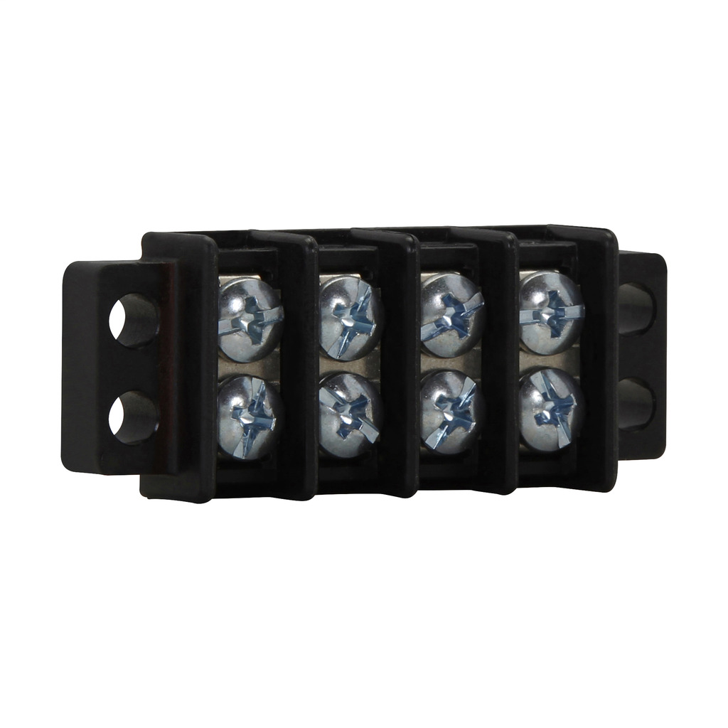 Eaton Bussmann TB100 series panel mount terminal block connector, Breakdown voltage 3600V, 300V, 30A, Double row, barrier, Eight-pole, #6-32 TPI Screw, Screw, Black, Tin-plated brass terminal, Zinc-plated Steel philslot screw