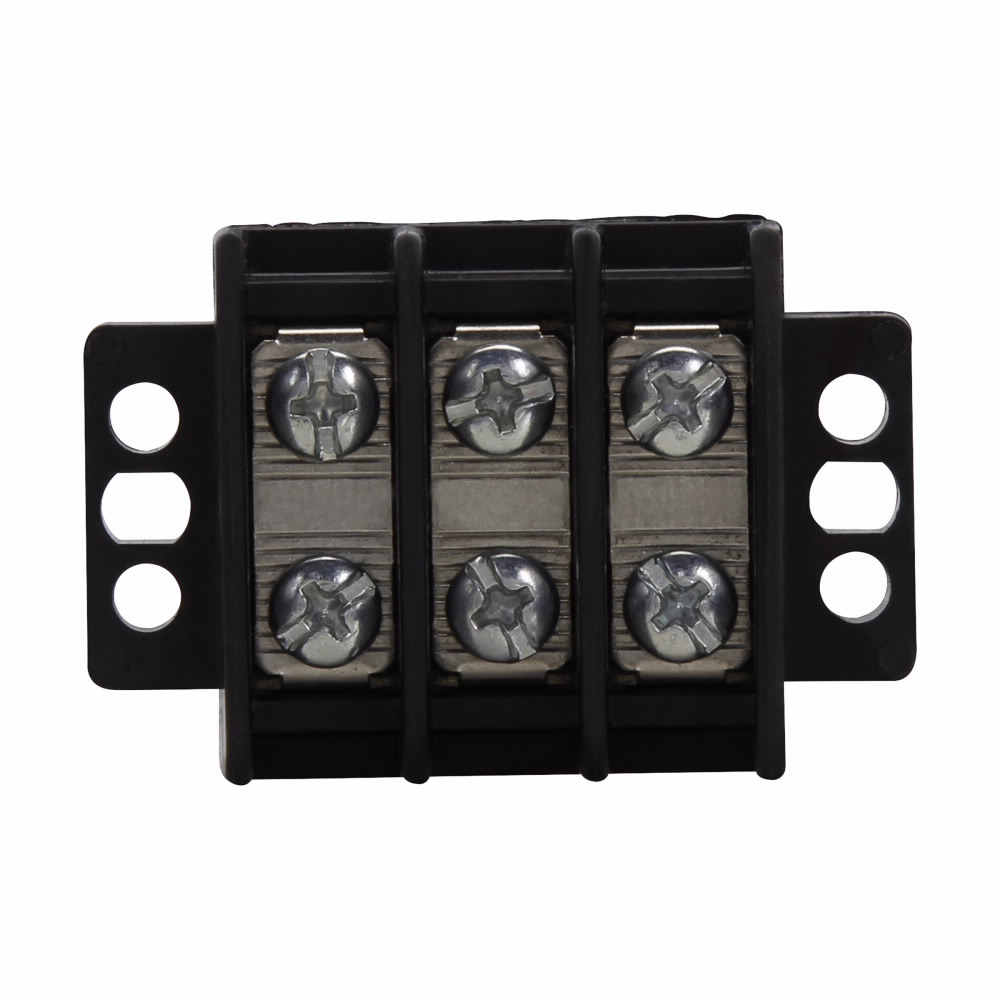 Eaton Bussmann TB200 series panel mount terminal block connector, Breakdown voltage 4800V, 600V, 30A, Double row, high barrier, Eight-pole, #6-32 TPI Screw, Screw, Black, Tin-plated brass terminal, Zinc-plated Steel philslot screw
