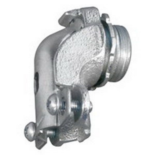 Conduit Connector, 3/8 in Trade, Cable Openings: 0.31 to 0.63 in, 90 deg Angle, For Use With: Armored/FMC Cable, Malleable Iron/Steel, Zinc Electroplated Finish, 3/4 in H x 1-1/4 in W Dimensions
