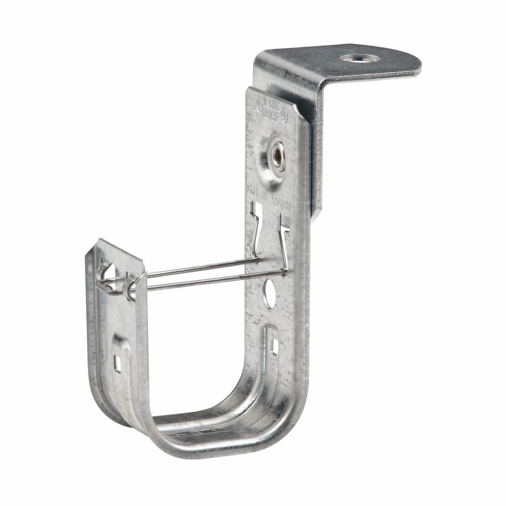 Eaton B-Line series datacomm and low voltage support fasteners, 1/2" diameter hole supports cable from 3/8" or 1/2" threaded rod,, Cable to ATR fastener, Threaded rod mount, 1-1-5/16" J-hook, Pre-galvanized, Load capacity 30 lbs, Steel