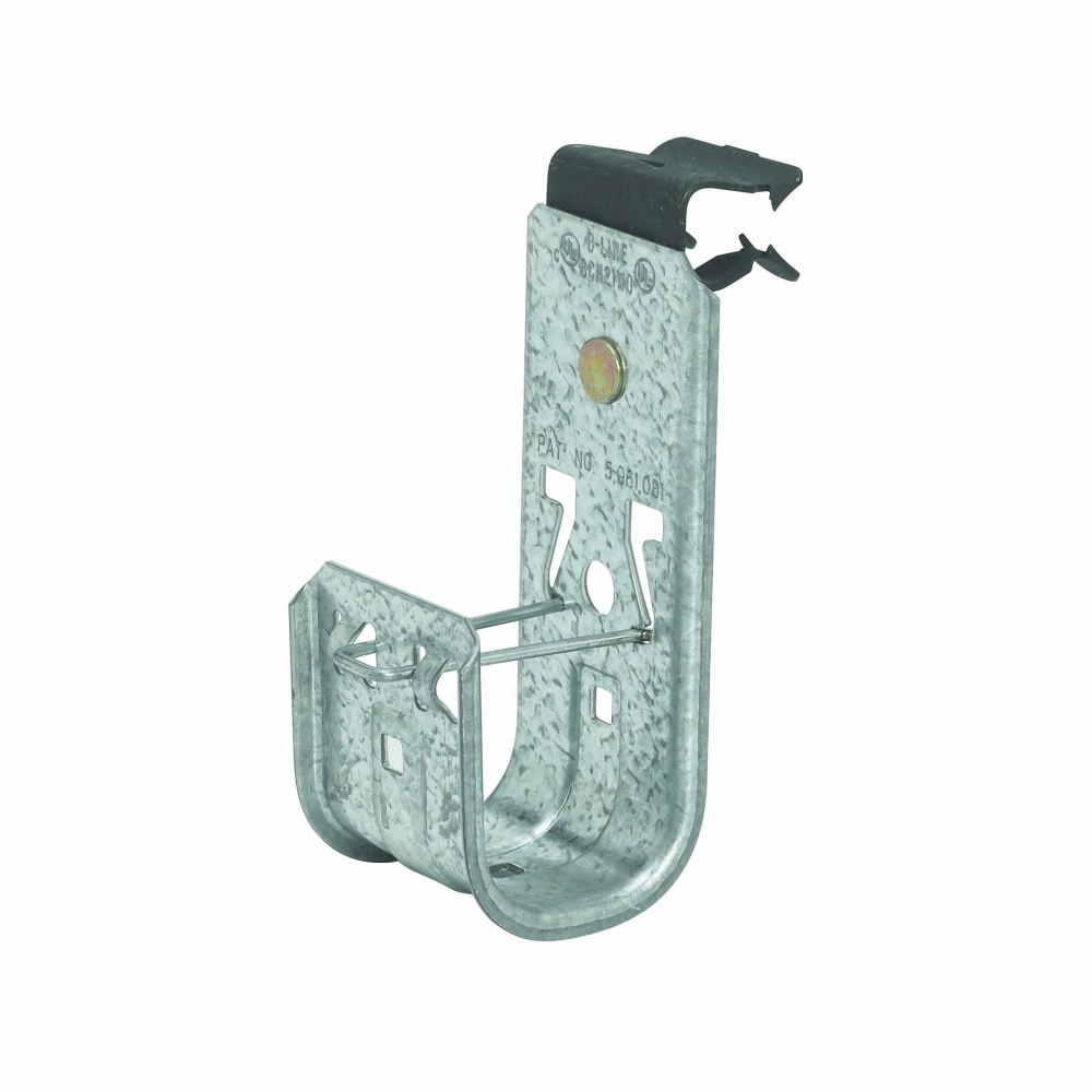 Eaton B-Line series datacomm and low voltage support fasteners, Clips to beam, Cable to beam fastener, Beam mount, 9/16" Min flange thickness, 3/4" Max flange thickness, 1-2" J-hook, Pre-galvanized, Load capacity of 30 lbs, Steel