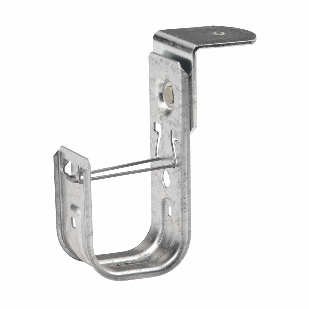 Eaton B-Line series datacomm and low voltage support fasteners, Hole size .265" diameter, Angle bracket cable fastener, Structural mount, 4" Hook, 1 J-hook, Pre-galvanized, Load capacity of 30 lbs, Steel