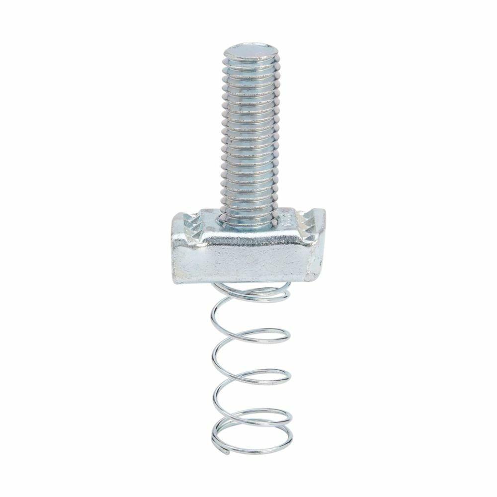 stud nut with spring, 0.85" H x 1.25" L x 1.31" W, Steel, Electro-plated, 3/8?-16 bolt size, Stud nut with spring