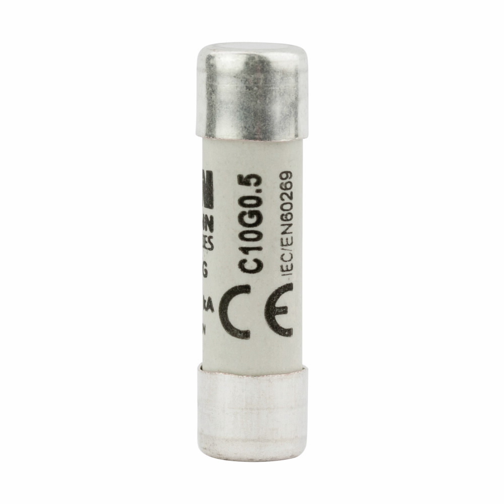 Eaton Bussmann series low voltage 10 x 38 mm cylindrical/ferrule fuse, rated at 500 Volts AC, 0.5 Amps, 120 kA Breaking capacity, class gG/gL, without indicator, compatible with a CHM Modular fuse holder