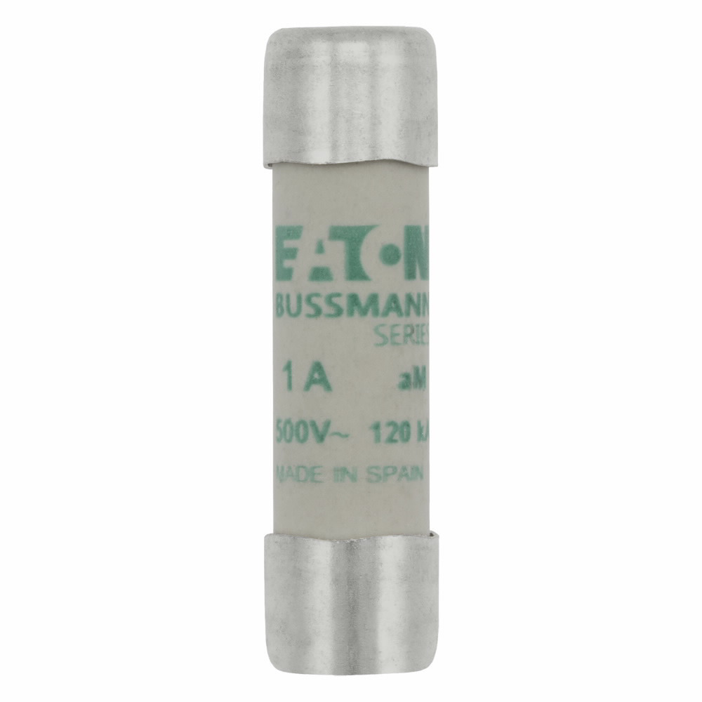 Eaton Bussmann series low voltage 10 x 38 mm cylindrical/ferrule fuse, rated at 500 Volts AC, 1 Amps, 120 kA Breaking capacity, class aM, without indicator, compatible with a CHM Modular fuse holder