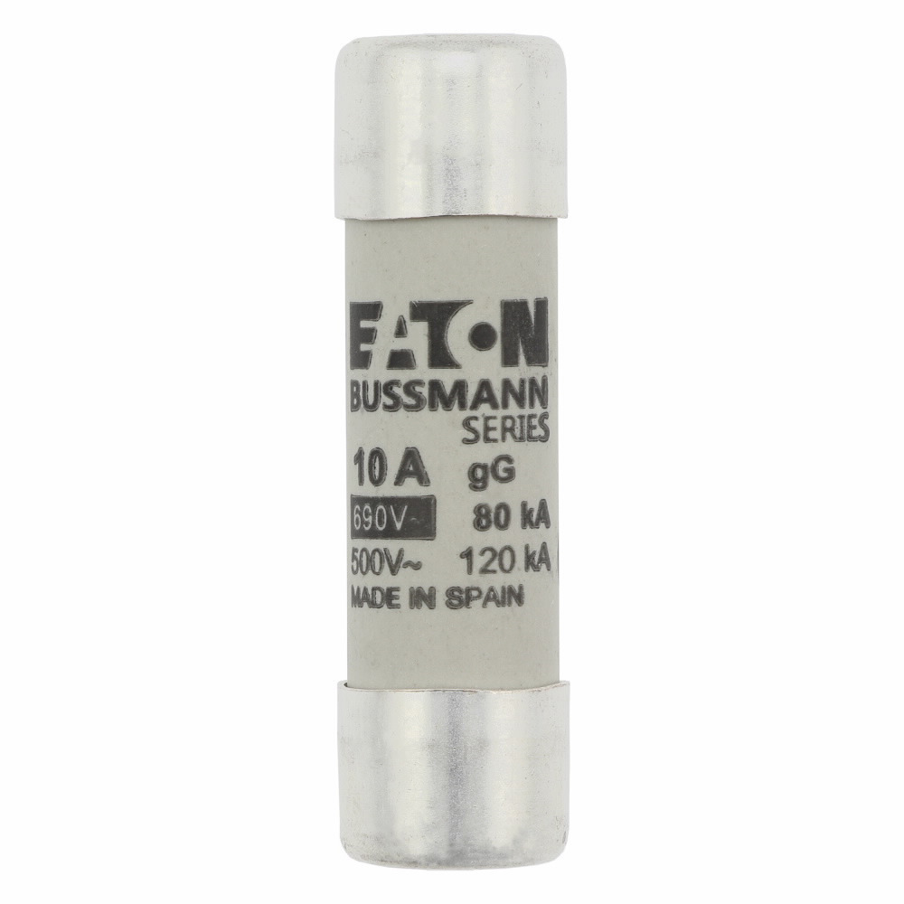 Eaton Bussmann series low voltage 14 x 51 mm cylindrical/ferrule fuse, rated at 690 Volts AC, 10 Amps, 80 kA Breaking capacity, class gG/gL, without indicator, compatible with a CH14 Modular fuse holder