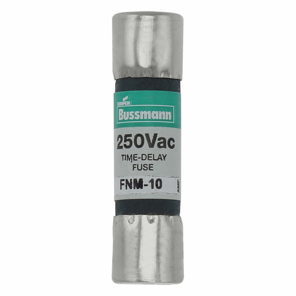 Eaton Bussmann series FNM fuse, Time-delay Midget fuse, 10 A, Dual, Non-indicating, Ferrule end x ferrule end, 10 kAC at 125 Vac200 AIC at 250 Vac, Nickel-plated bronze endcap, Standard, 250 V