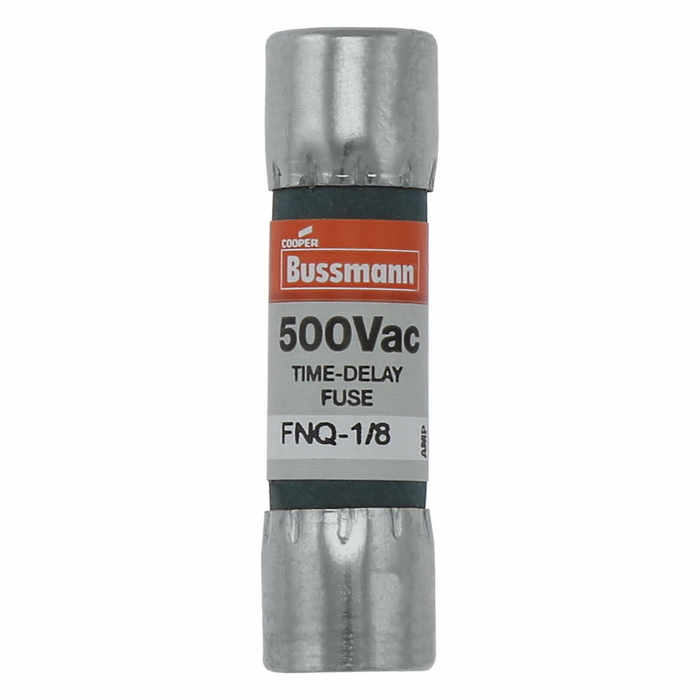 Eaton Bussmann series FNQ fuse, Time-delay Midget fuse, Motor control transformers, circuits with in-rush currents, 0.125 A, Non-indicating, Ferrule end x ferrule end, 10 kAIC at 500 Vac, Nickel-plated bronze endcap, Standard, 500 V