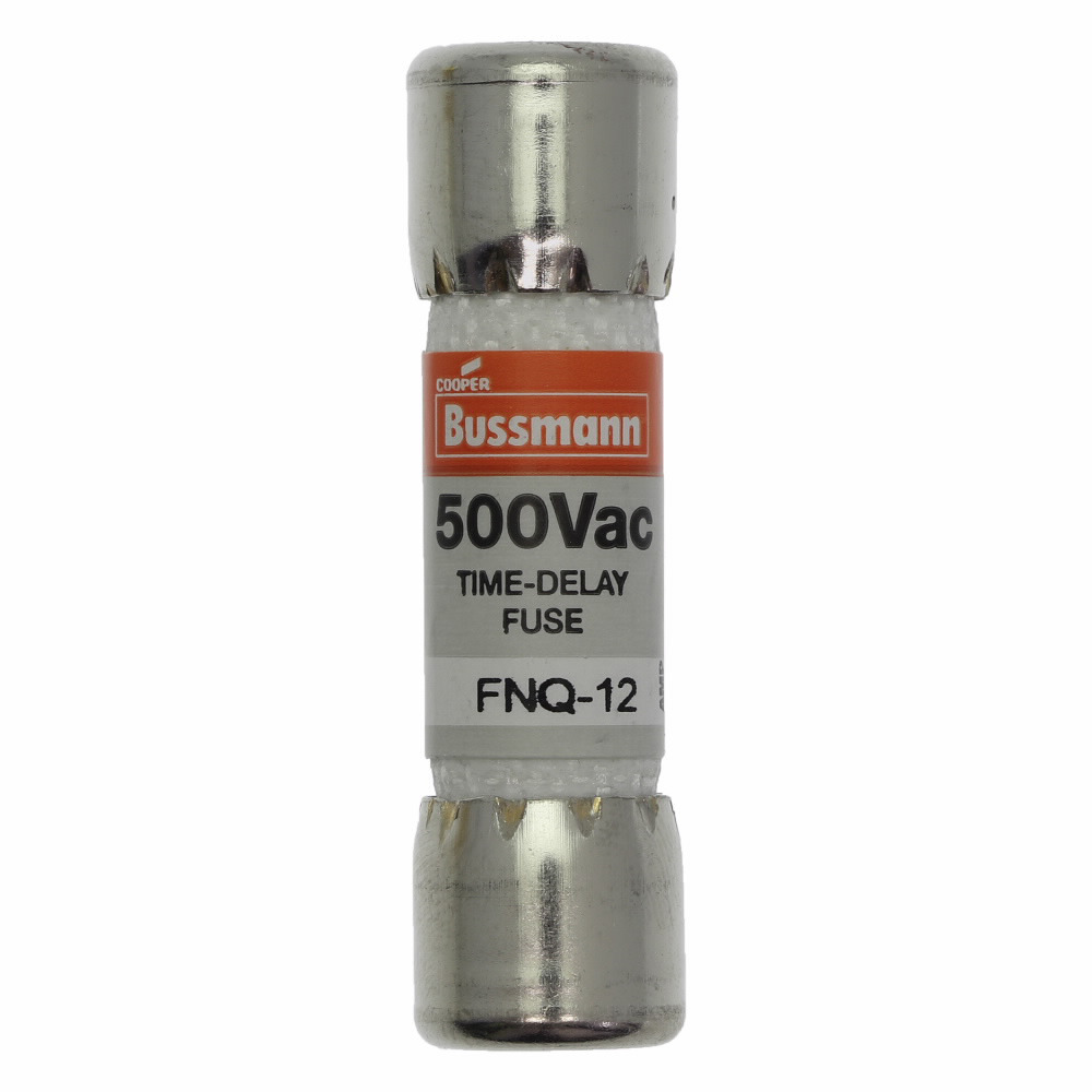 Eaton Bussmann series FNQ fuse, Time-delay Midget fuse, Motor control transformers, circuits with in-rush currents, 12 A, Non-indicating, Ferrule end x ferrule end, 10 kAIC at 500 Vac, Nickel-plated bronze endcap, Standard, 500 V